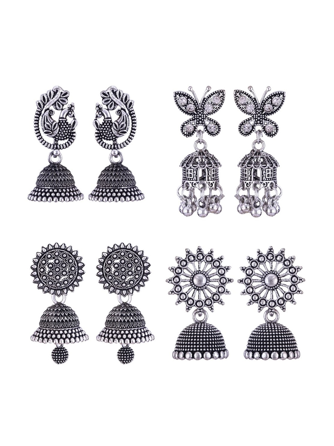 

MEENAZ Set Of 4 Silver Plated Peacock Shaped Oxidized Jhumkas