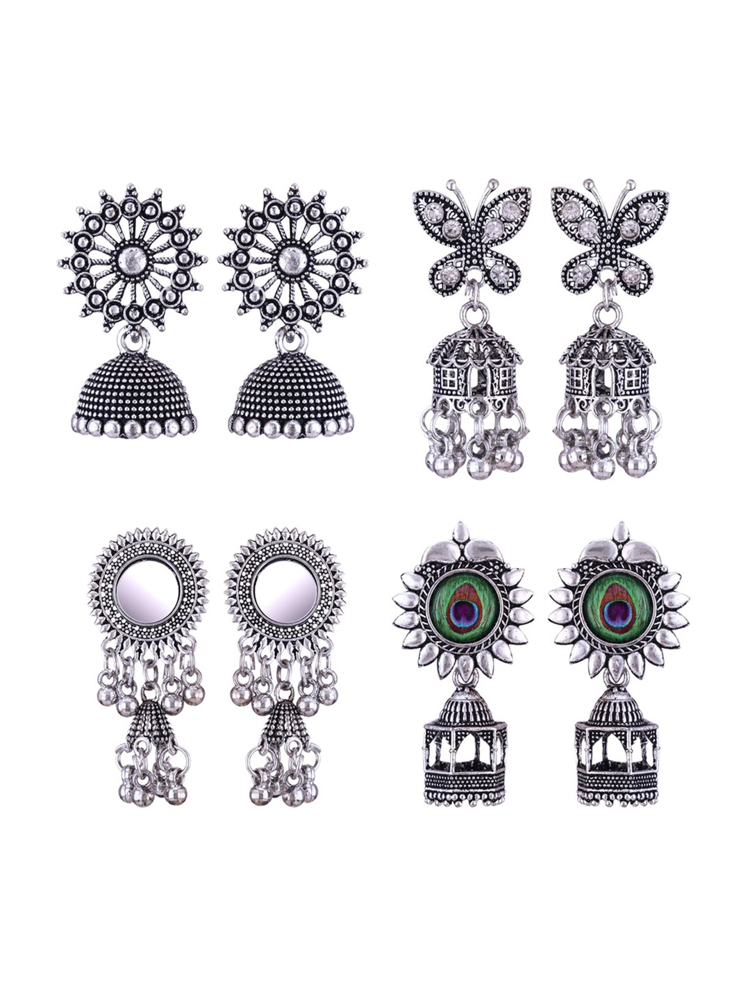 

MEENAZ Set Of 4 Silver-Plated Dome Shaped Stainless Steel Jhumkas