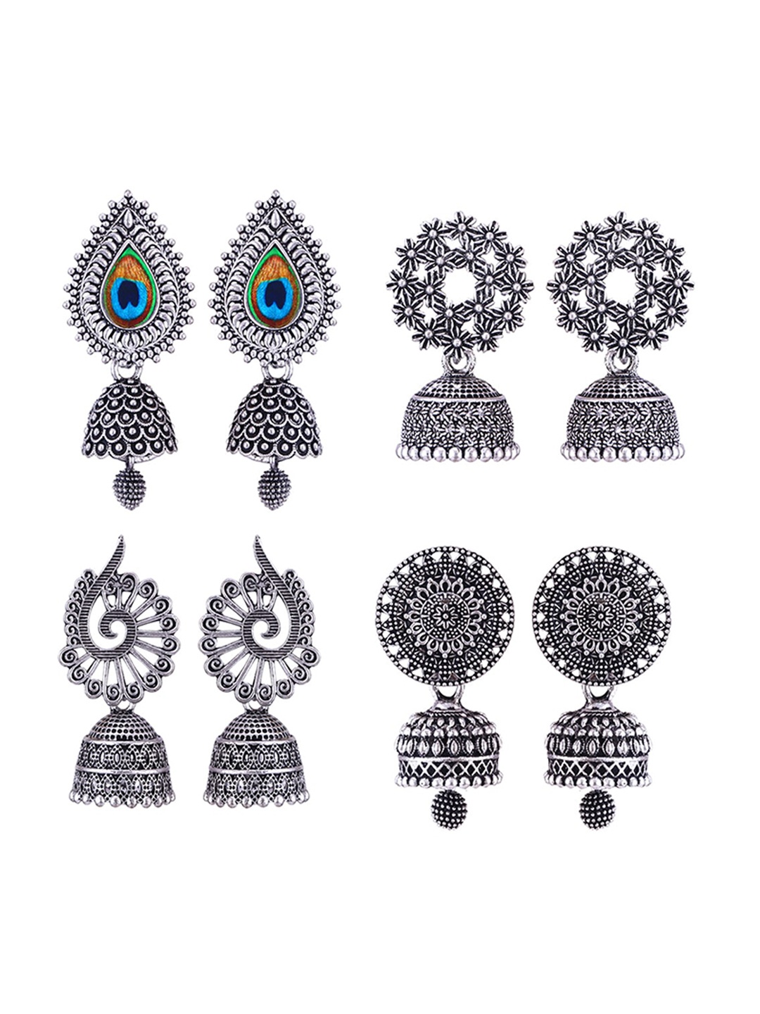 

MEENAZ Set Of 4 Silver-Plated Stainless Steel Peacock Shaped Jhumkas