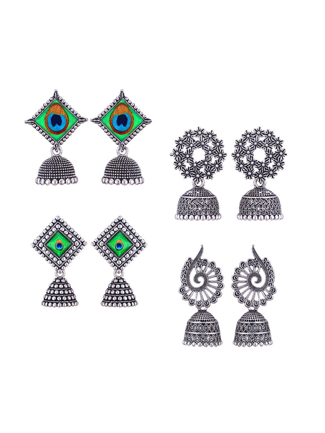 

MEENAZ Set Of 4 Silver-Plated Stainless Steel Peacock Shaped Jhumkas