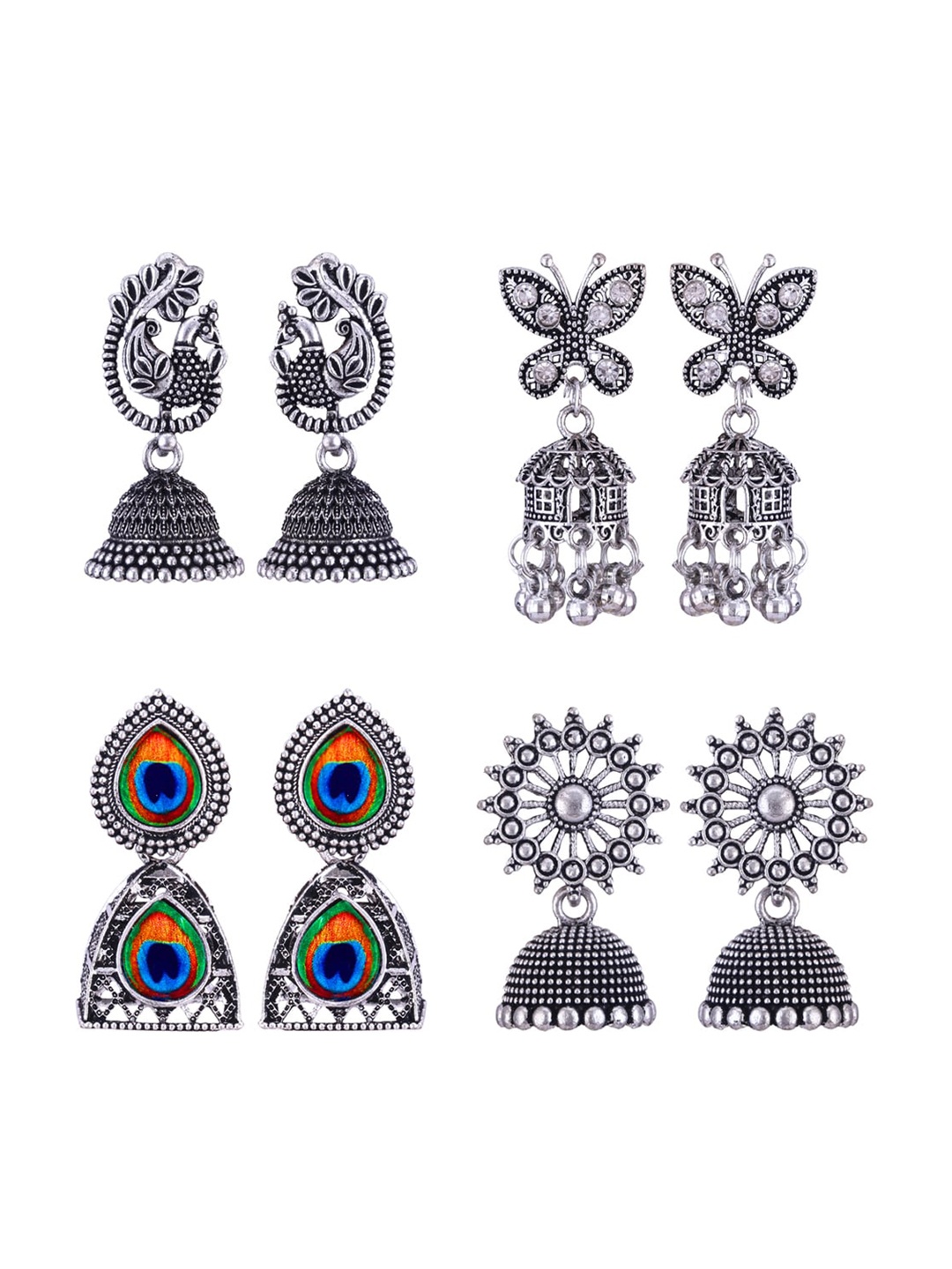 

MEENAZ Set Of 4 Silver Plated Stone Studded Dome Shaped Oxidised Stainless Steel Jhumkas