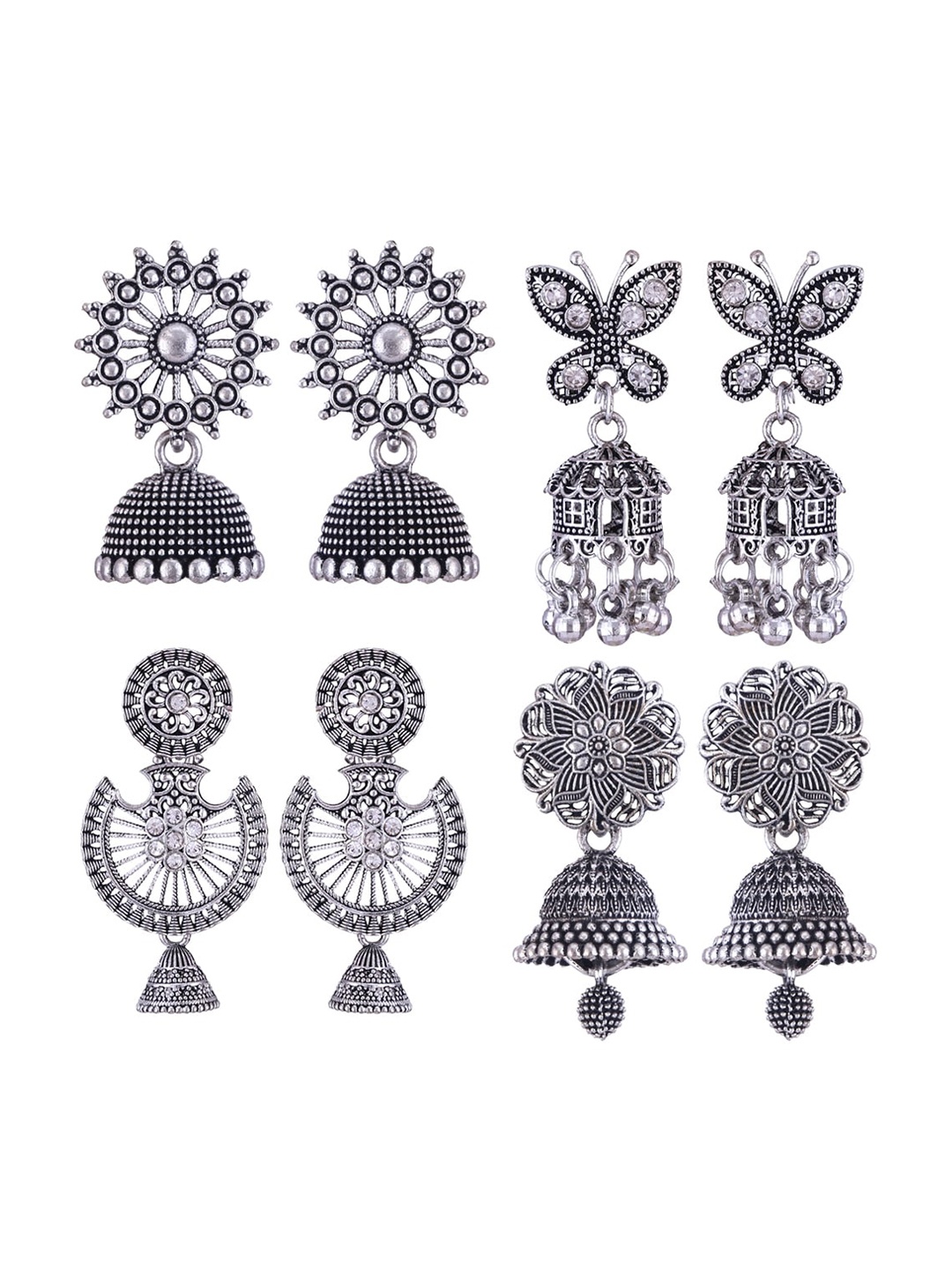 

MEENAZ Set Of 4 Silver-Plated Dome Shaped Stainless Steel Jhumkas