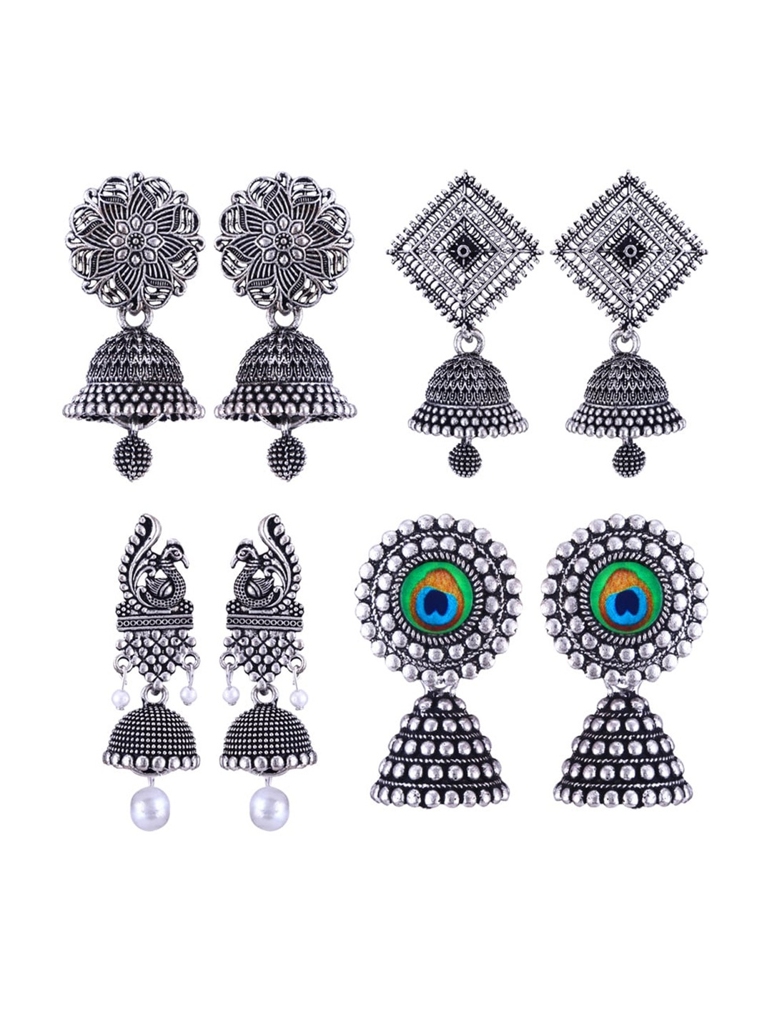 

MEENAZ Set Of 4 Silver-Plated Dome Shaped Stainless Steel Jhumkas