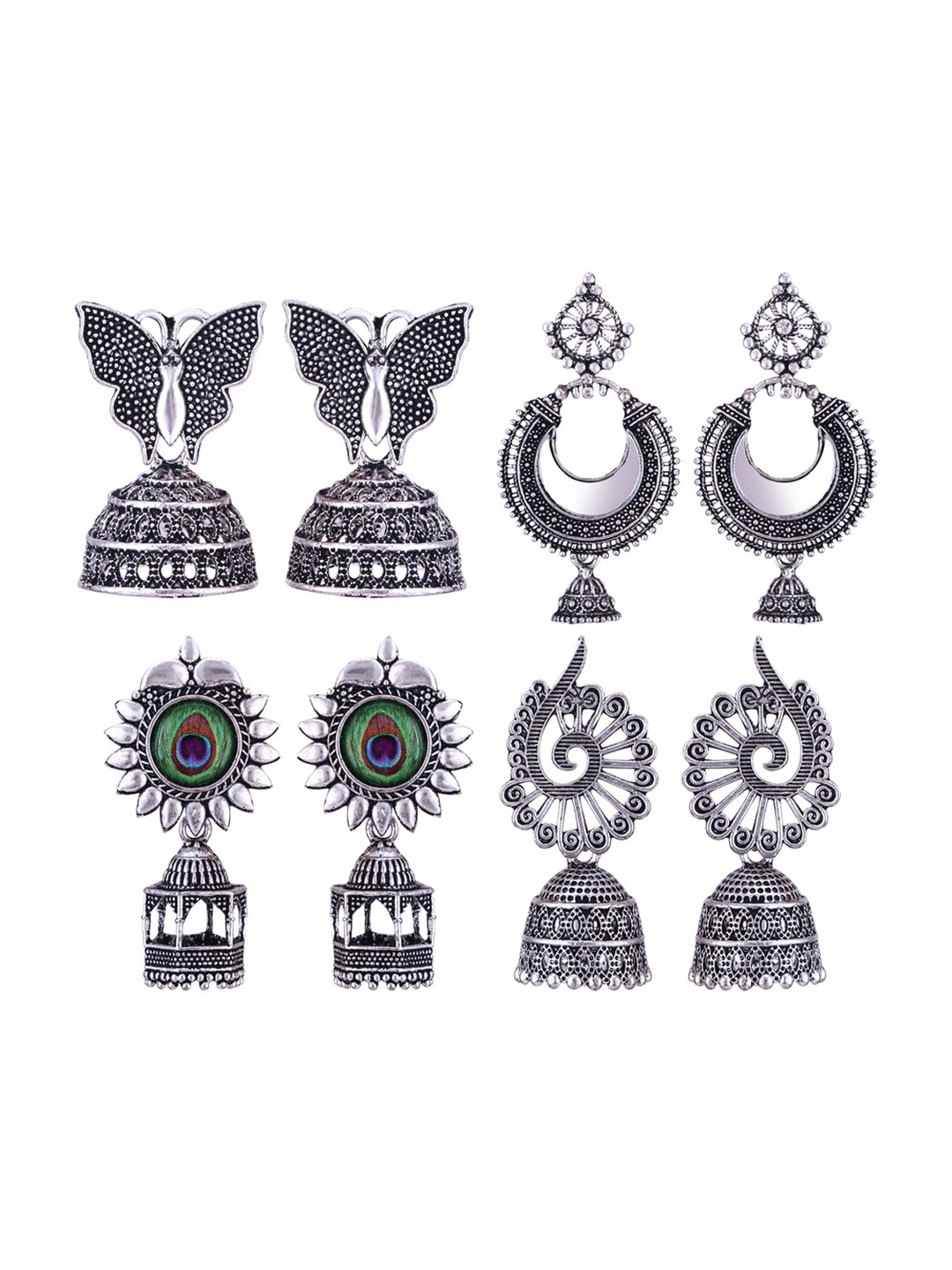

MEENAZ Set Of 4 Silver Plated Dome Shaped Stainless Steel Oxidised Jhumkas