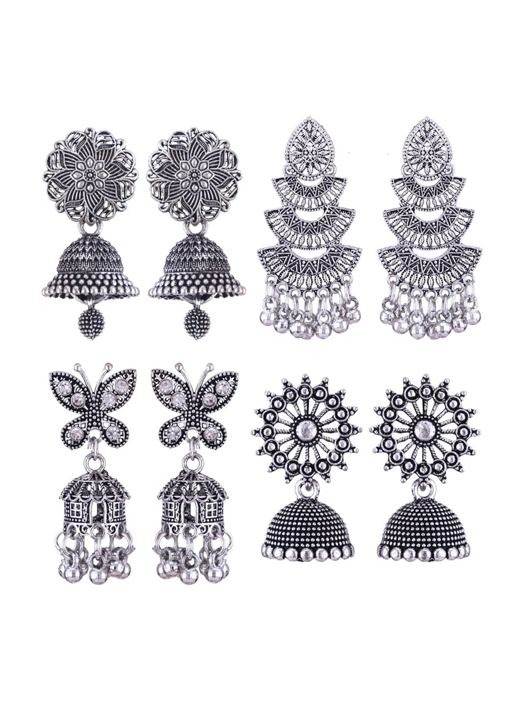 

MEENAZ Set Of 4 Silver Plated Stone Studded Dome Shaped Oxidised Stainless Steel Jhumkas