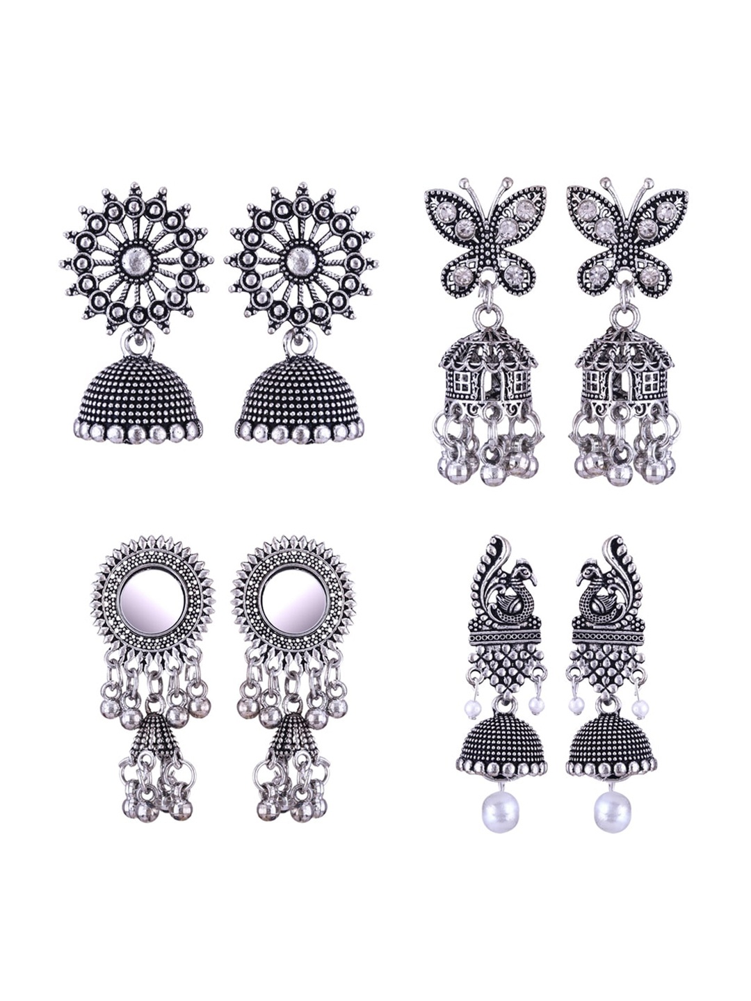 

MEENAZ Set Of 4 Stainless Steel Silver Plated Oxidised Dome Shaped Jhumkas