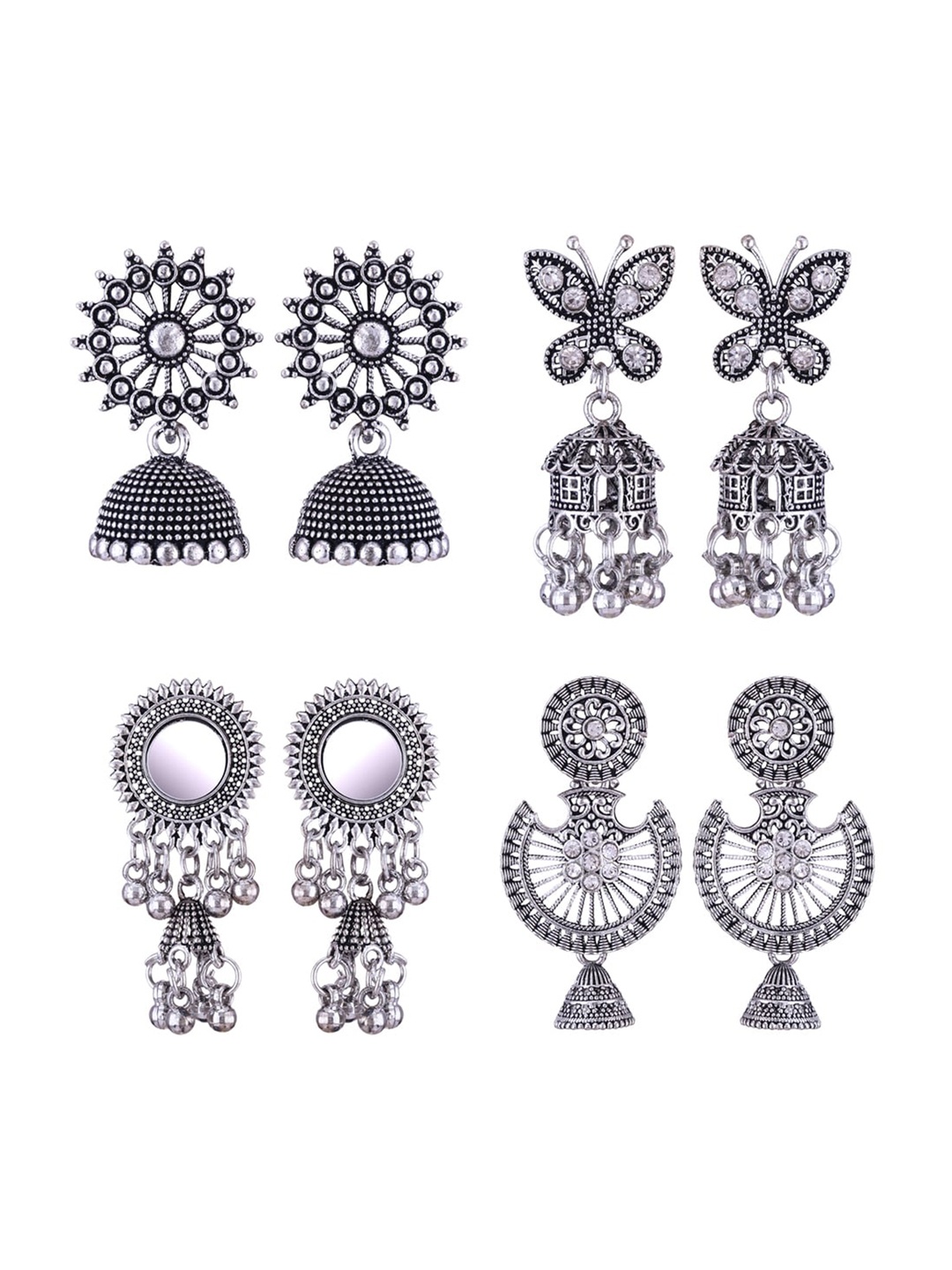 

MEENAZ Set Of 4 Stainless Steel Silver Plated Artificial Stones and Beads Studded Earrings