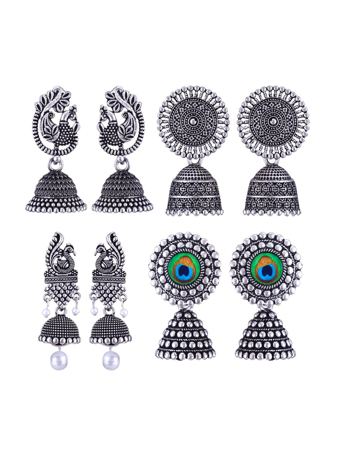 

MEENAZ Set Of 4 Stainless Steel Silver Plated Artificial Stones and Beads Studded Earrings