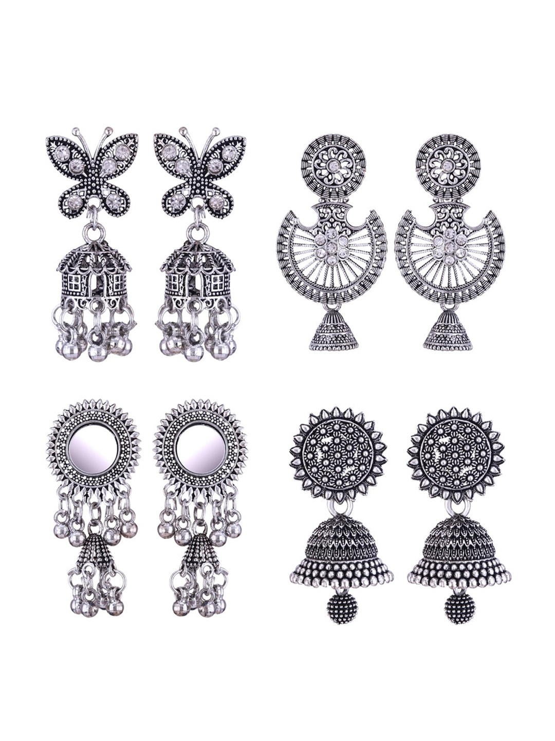 

MEENAZ Set Of 4 Stainless Steel Silver Plated Oxidised Dome Shaped Jhumkas