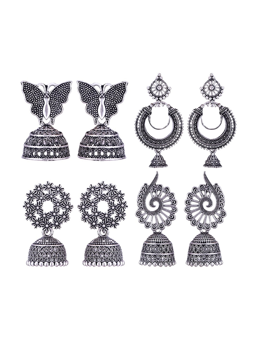 

MEENAZ Set Of 4 Stainless Steel Silver Plated Oxidised Dome Shaped Jhumkas