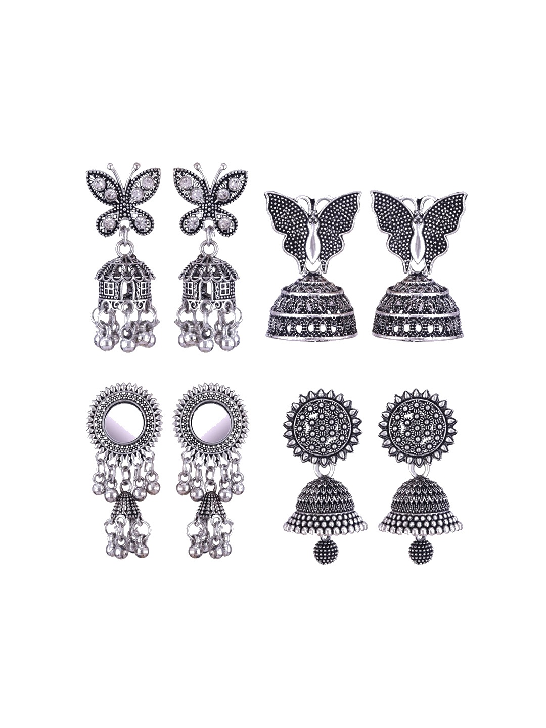 

MEENAZ Set Of 4 Silver-Plated Peacock Shaped Jhumkas