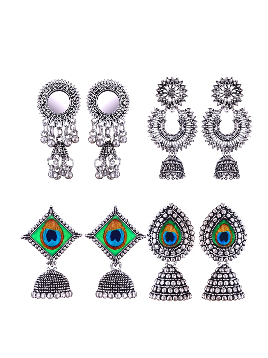 

MEENAZ Set Of 4 Silver-Plated Peacock Shaped Jhumkas