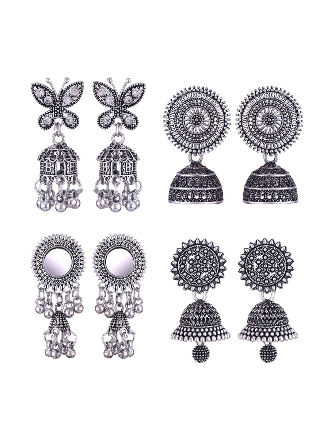 

MEENAZ Set Of 4 Silver-Plated Stainless Steel Oxidised Contemporary Jhumkas
