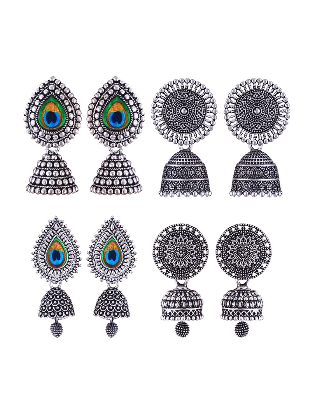 

MEENAZ Set Of 4 Silver-Plated Stainless Steel Oxidised Contemporary Jhumkas