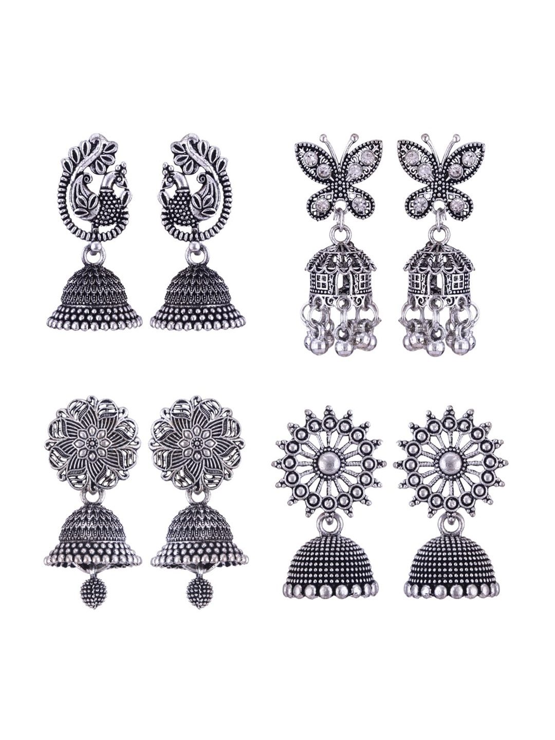 

MEENAZ Set Of 4 Silver-Plated Stainless Steel Oxidised Contemporary Jhumkas