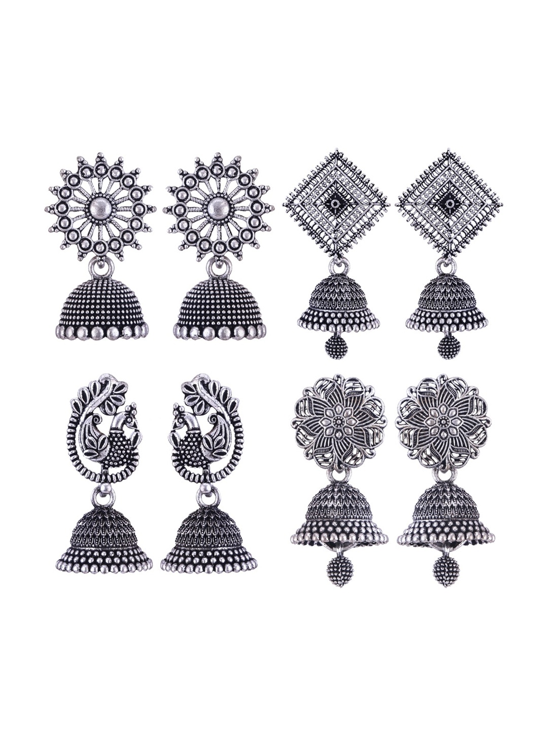 

MEENAZ Set Of 4 Silver-Plated Stainless Steel Peacock & Dome Shaped Jhumkas