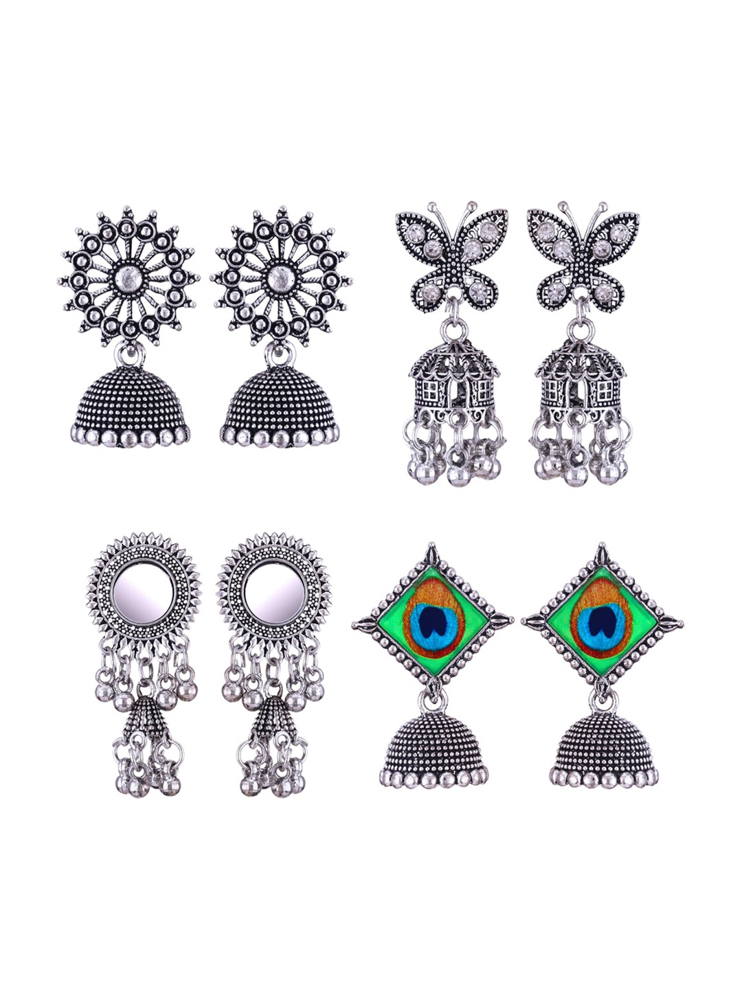 

MEENAZ Set Of 4 Silver-Plated Peacock Shaped Jhumkas