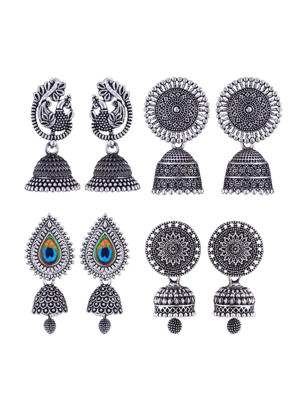 

MEENAZ Set of 4 Silver-Plated Dome Shaped Jhumkas Earrings