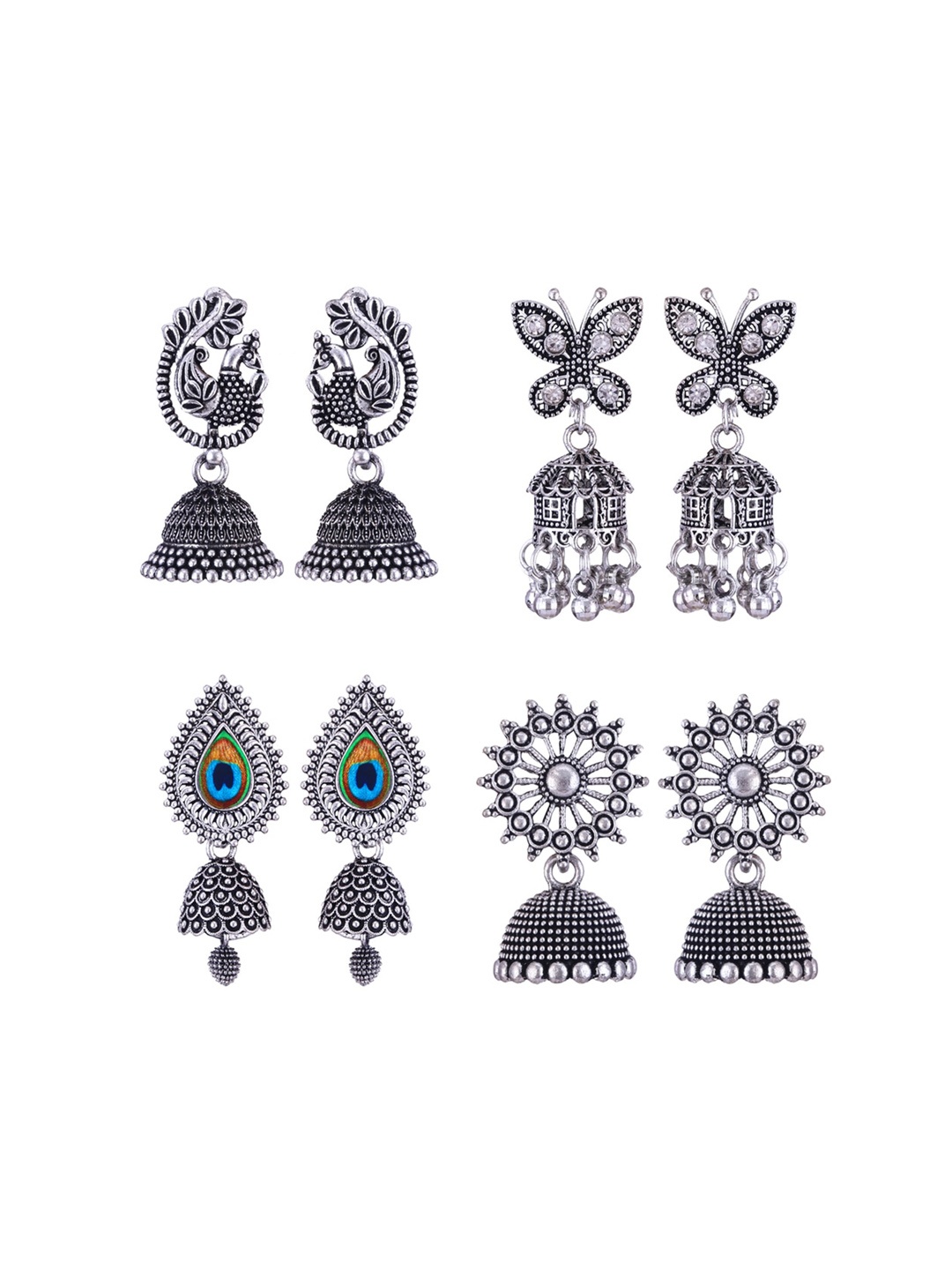 

MEENAZ Set Of 4 Silver-Plated Peacock Shaped Jhumkas