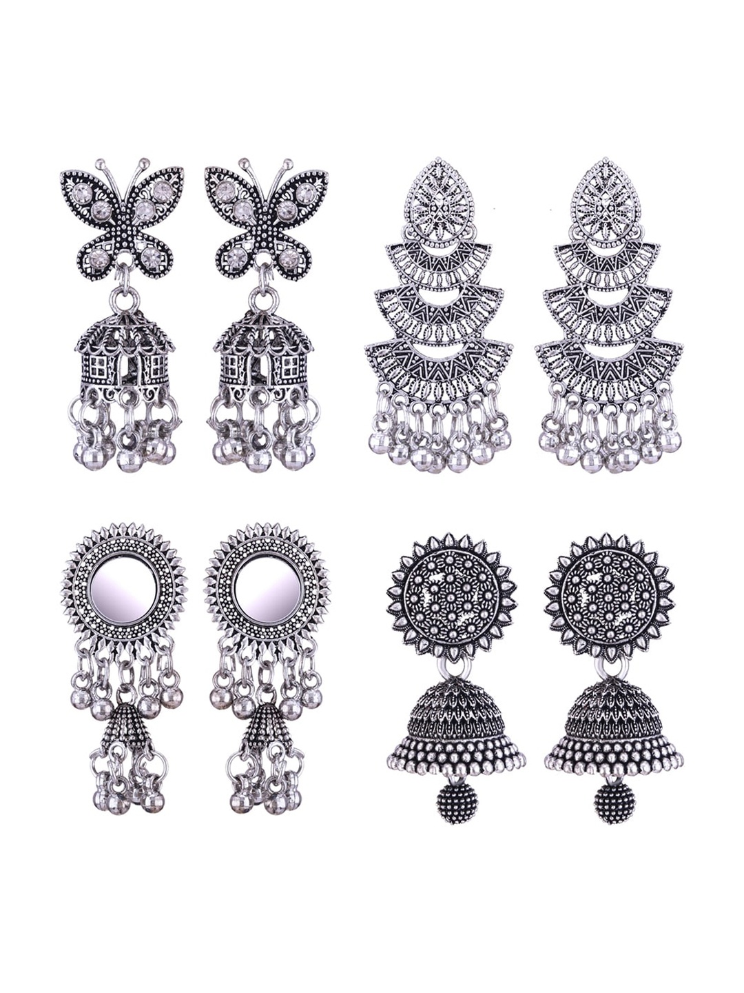 

MEENAZ Set Of 4 Silver Plated Peacock Shaped Jhumkas Earrings