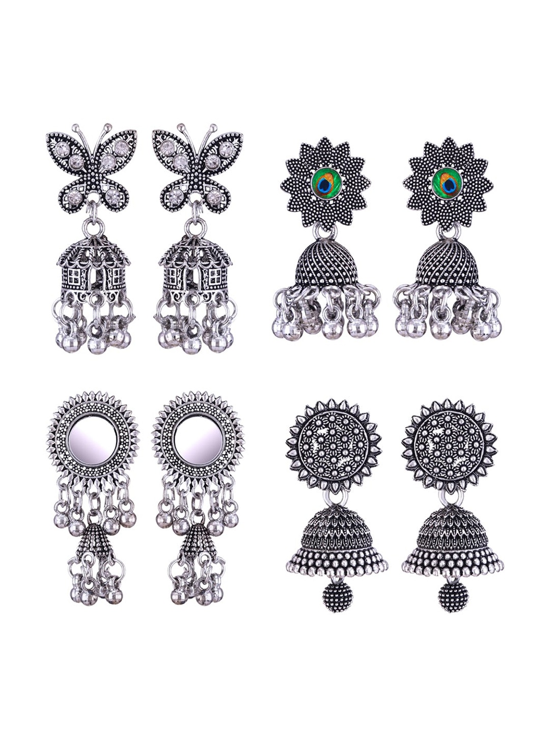 

MEENAZ Set Of 4 Silver Plated Peacock Shaped Jhumkas Earrings