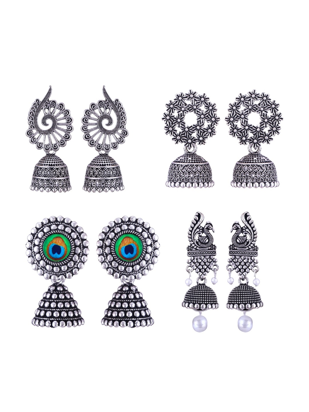 

MEENAZ Set Of 4 Silver-Plated Peacock Shaped Jhumkas