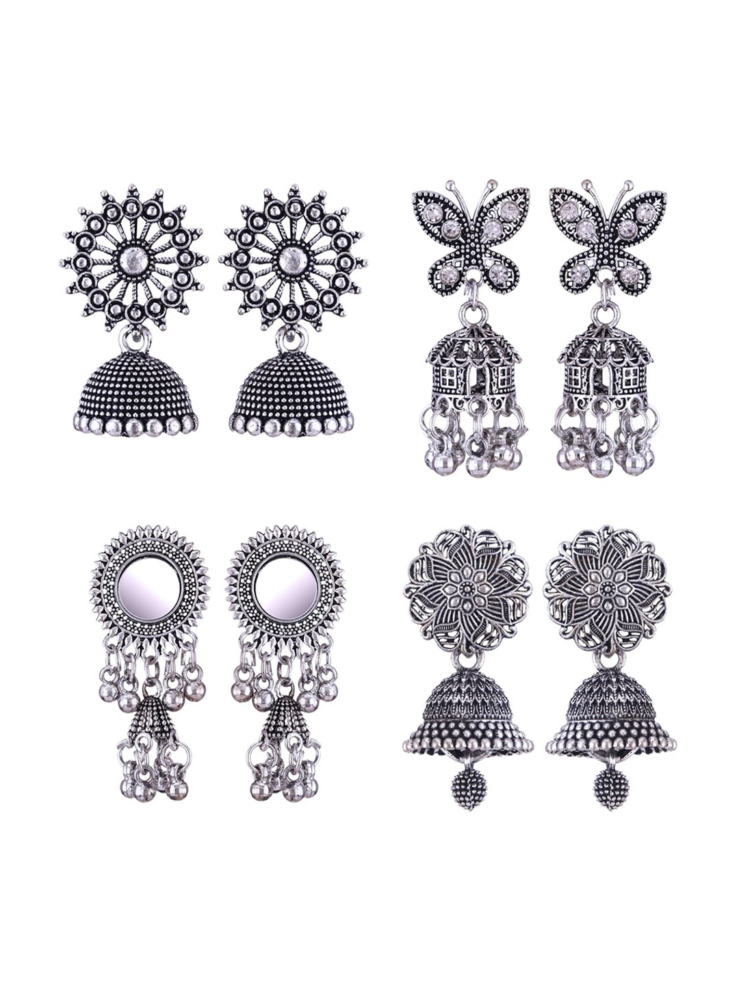 

MEENAZ Set Of 4 Silver Plated Peacock Shaped Jhumkas Earrings