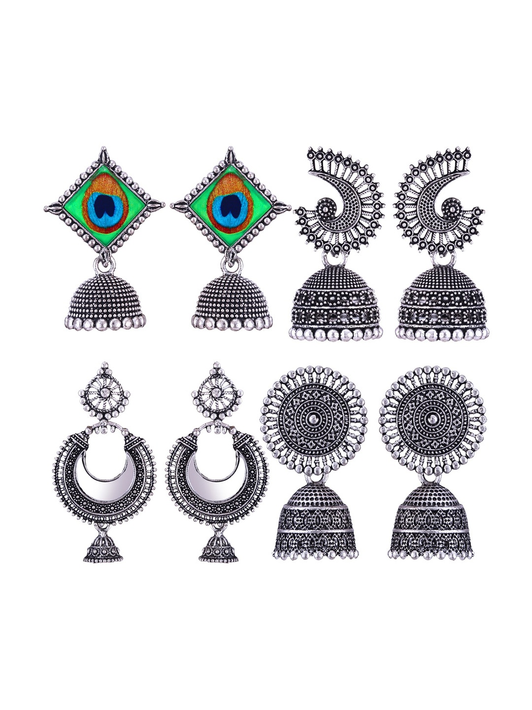 

MEENAZ Set Of 4 Silver-Plated Peacock Shaped Jhumkas