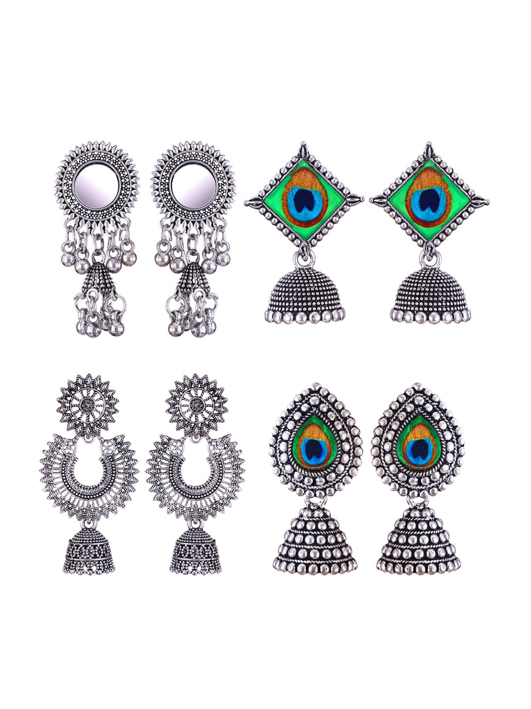

MEENAZ Set Of 4 Silver-Plated Peacock Shaped Jhumkas