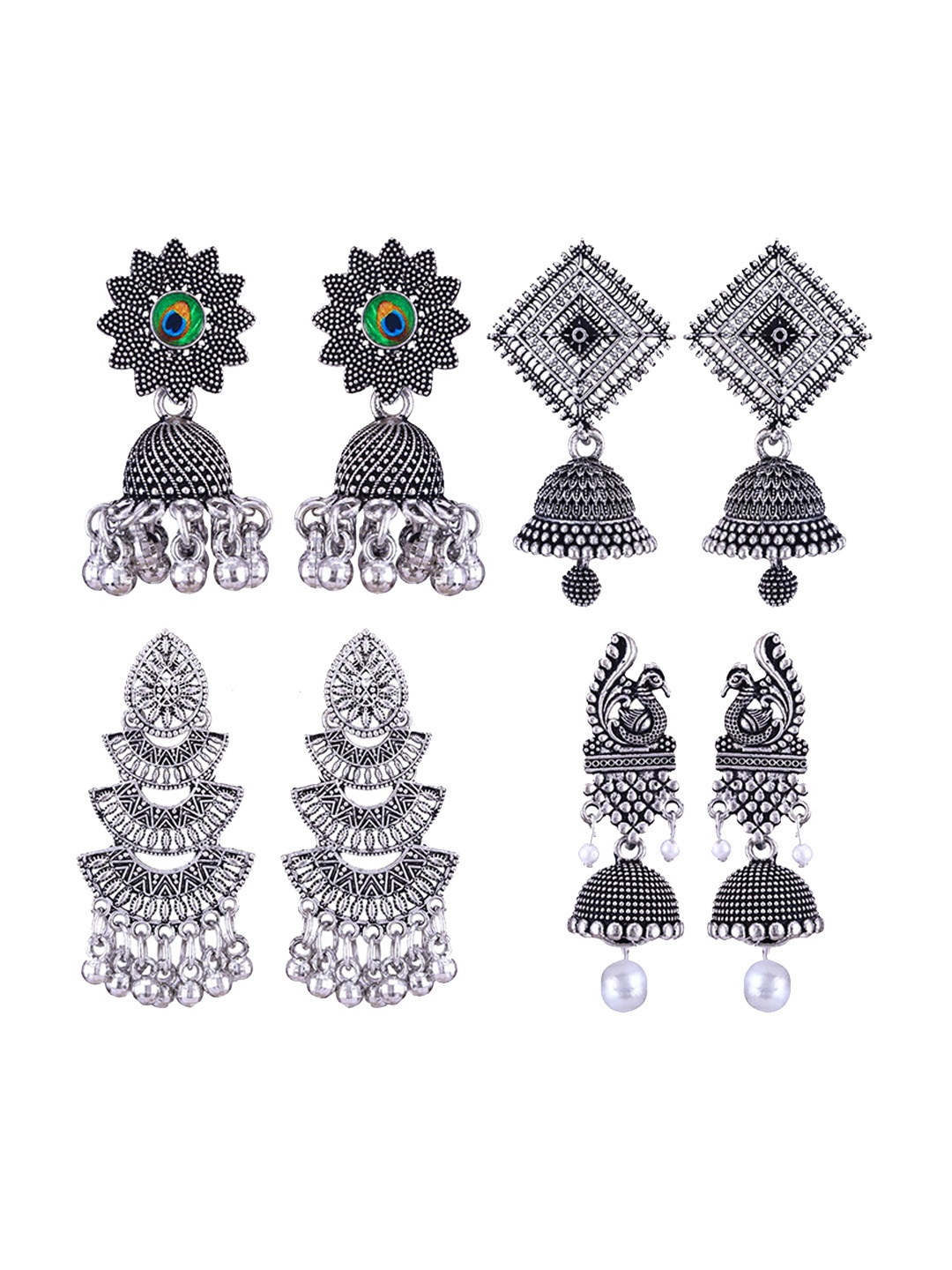 

MEENAZ Set of 4 Silver Plated Oxidised Stainless Steel Jhumkas