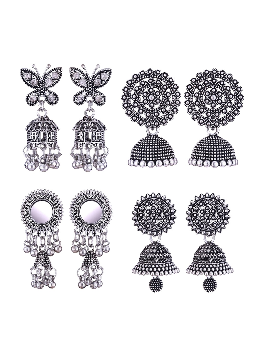 

MEENAZ Set of 4 Silver Plated Oxidised Jhumkas
