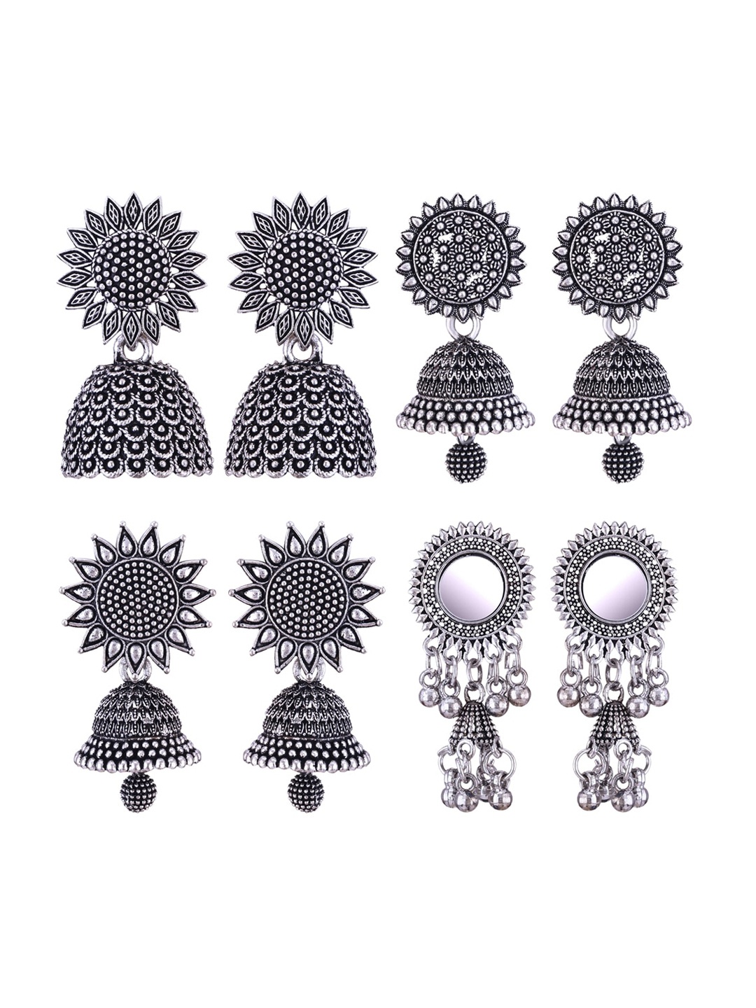 

MEENAZ Set Of 4 Silver Plated Peacock Shaped Jhumkas Earrings