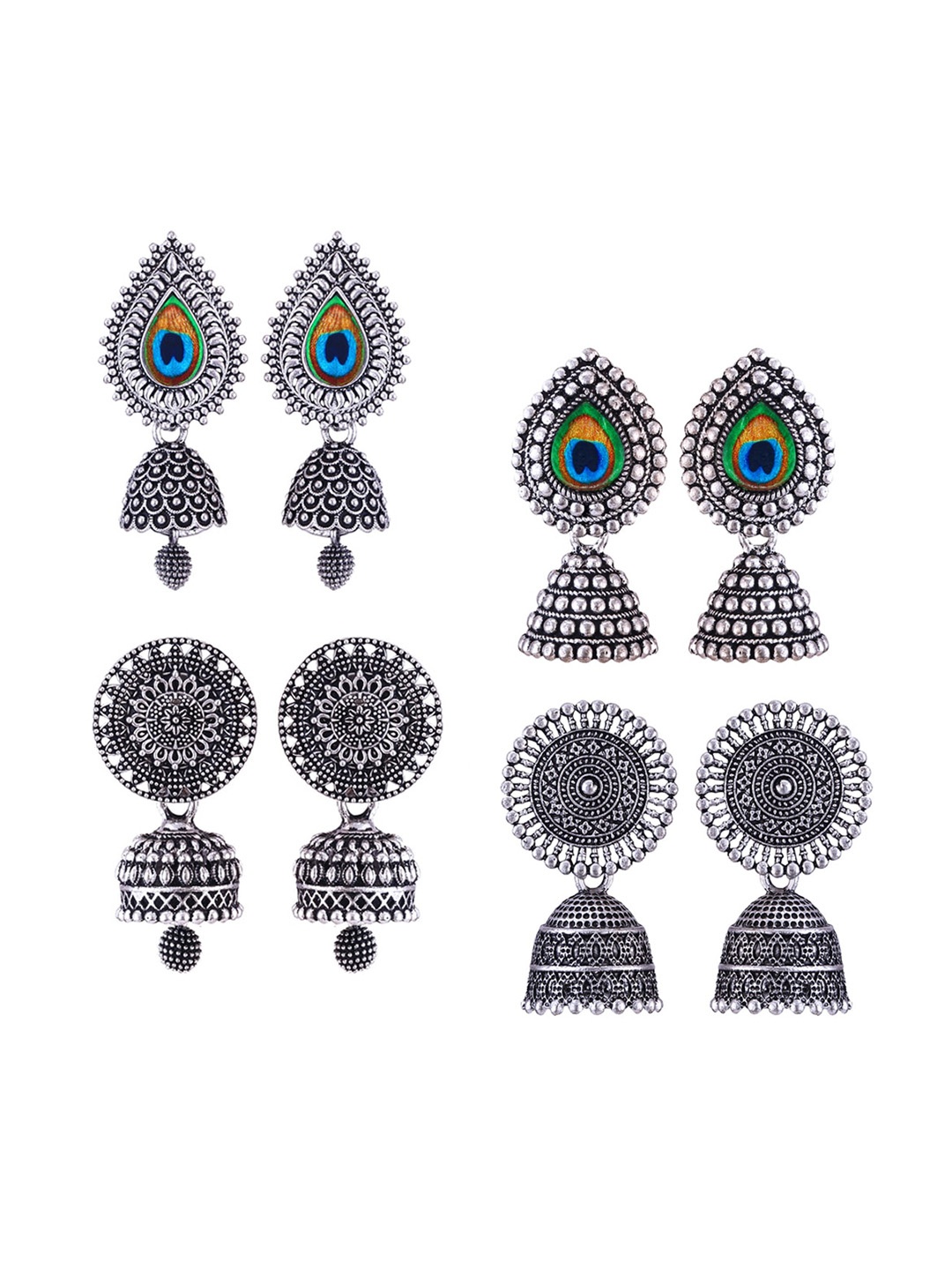 

MEENAZ Set Of 4 Silver-Plated Peacock Shaped Jhumkas