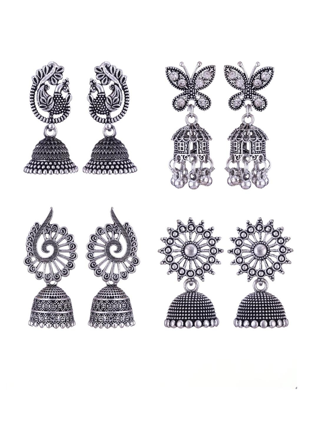 

MEENAZ Set of 4 Silver Plated Oxidised Jhumkas