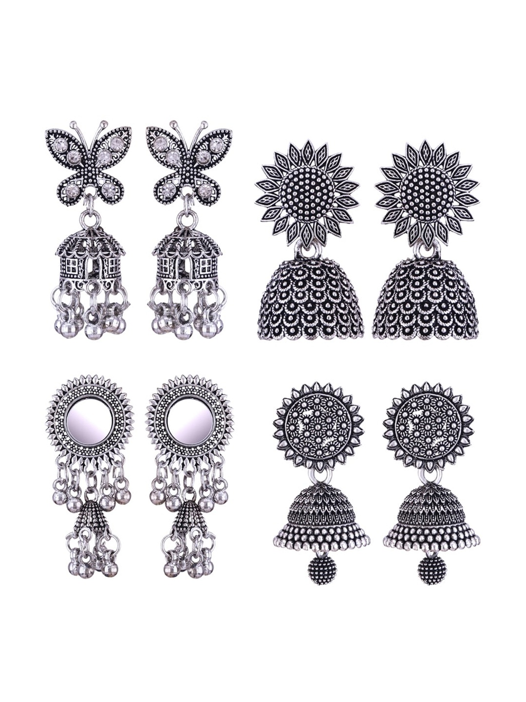 

MEENAZ Set Of 4 Stainless Steel Silver-Plated Peacock Shaped Jhumkas Earrings