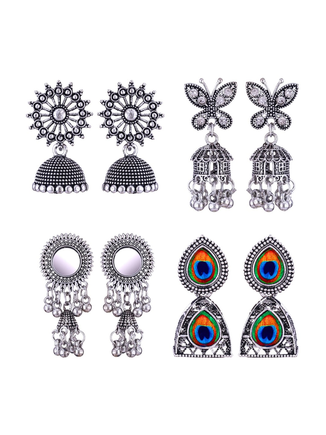 

MEENAZ Set Of 4 Stainless Steel Silver-Plated Peacock Shaped Jhumkas Earrings