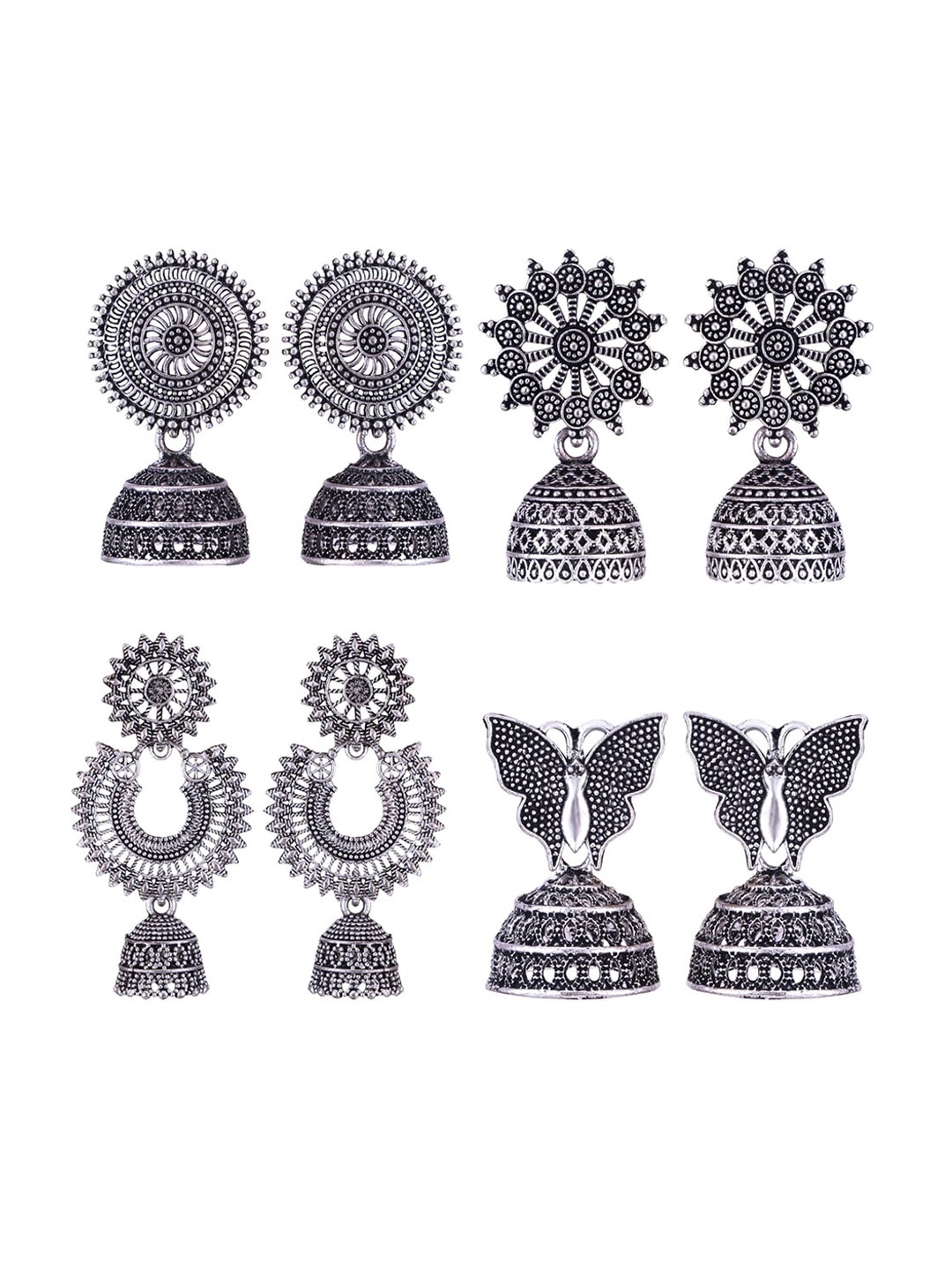 

MEENAZ Set Of 4 Silver-Plated Dome Shaped Jhumkas