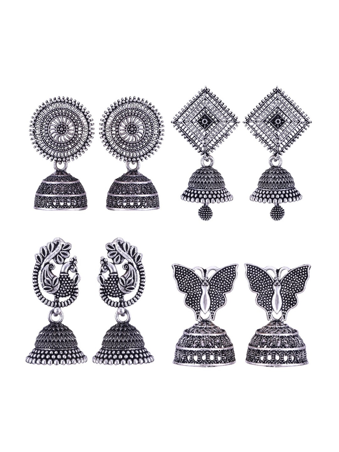 

MEENAZ Set Of 4 Stainless Steel Silver-Plated Peacock Shaped Jhumkas Earrings