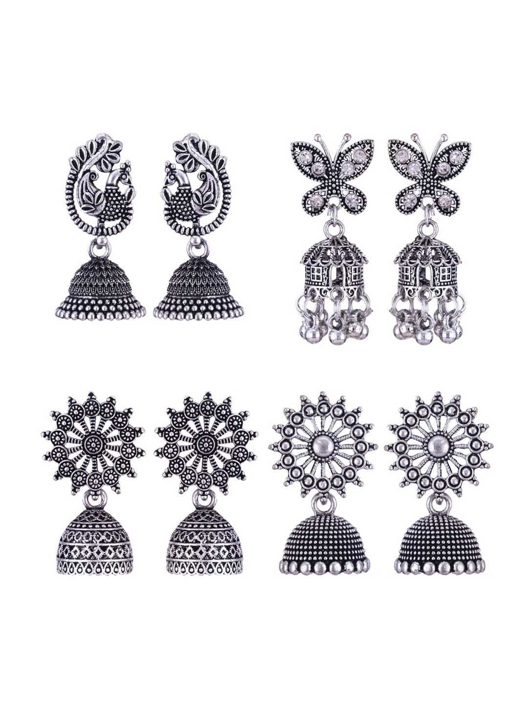 

MEENAZ Set Of 4 Stainless Steel Silver-Plated Peacock Shaped Jhumkas Earrings