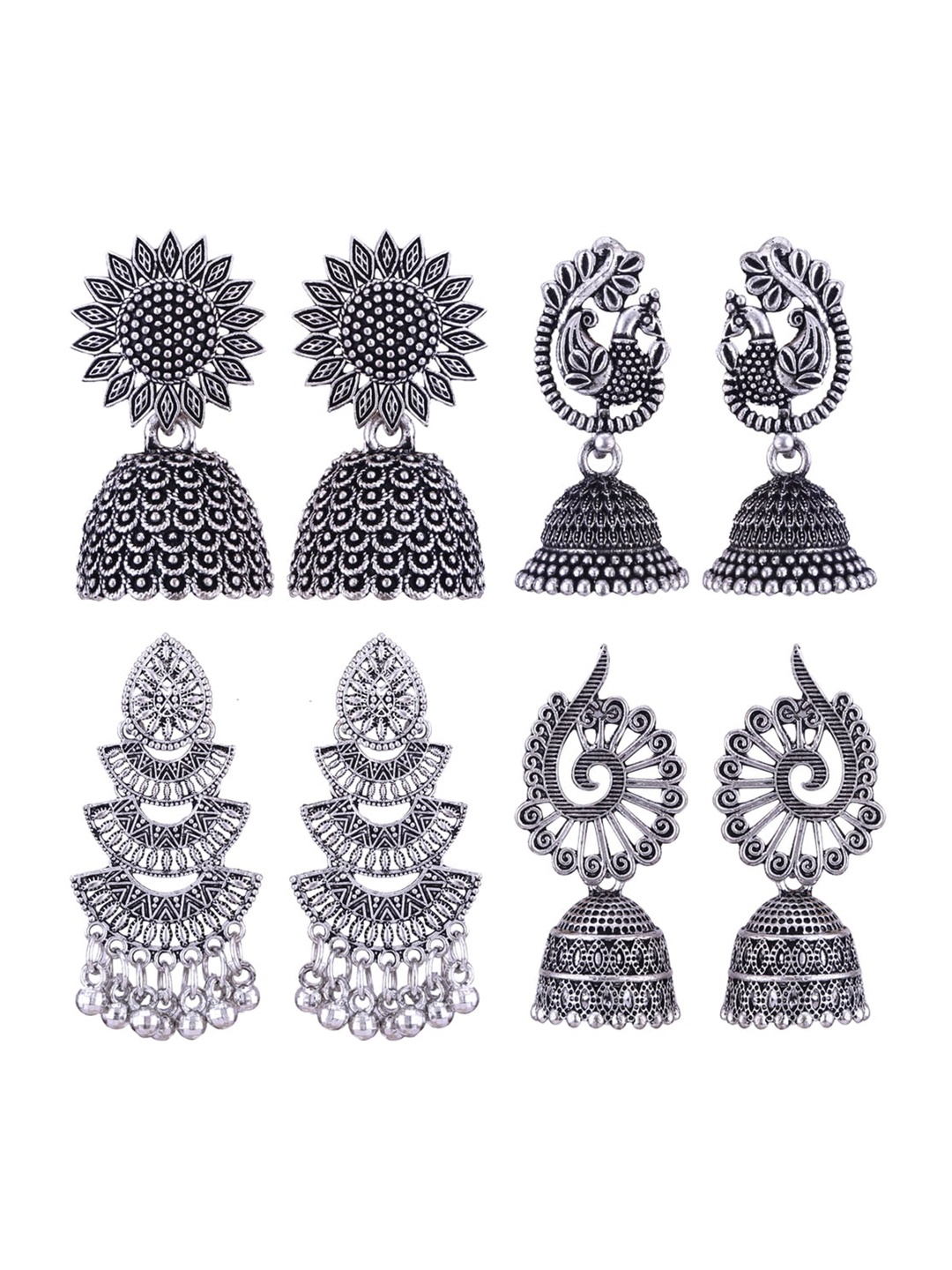 

MEENAZ Set Of 4 Silver-Plated Dome Shaped Oxidised Jhumkas