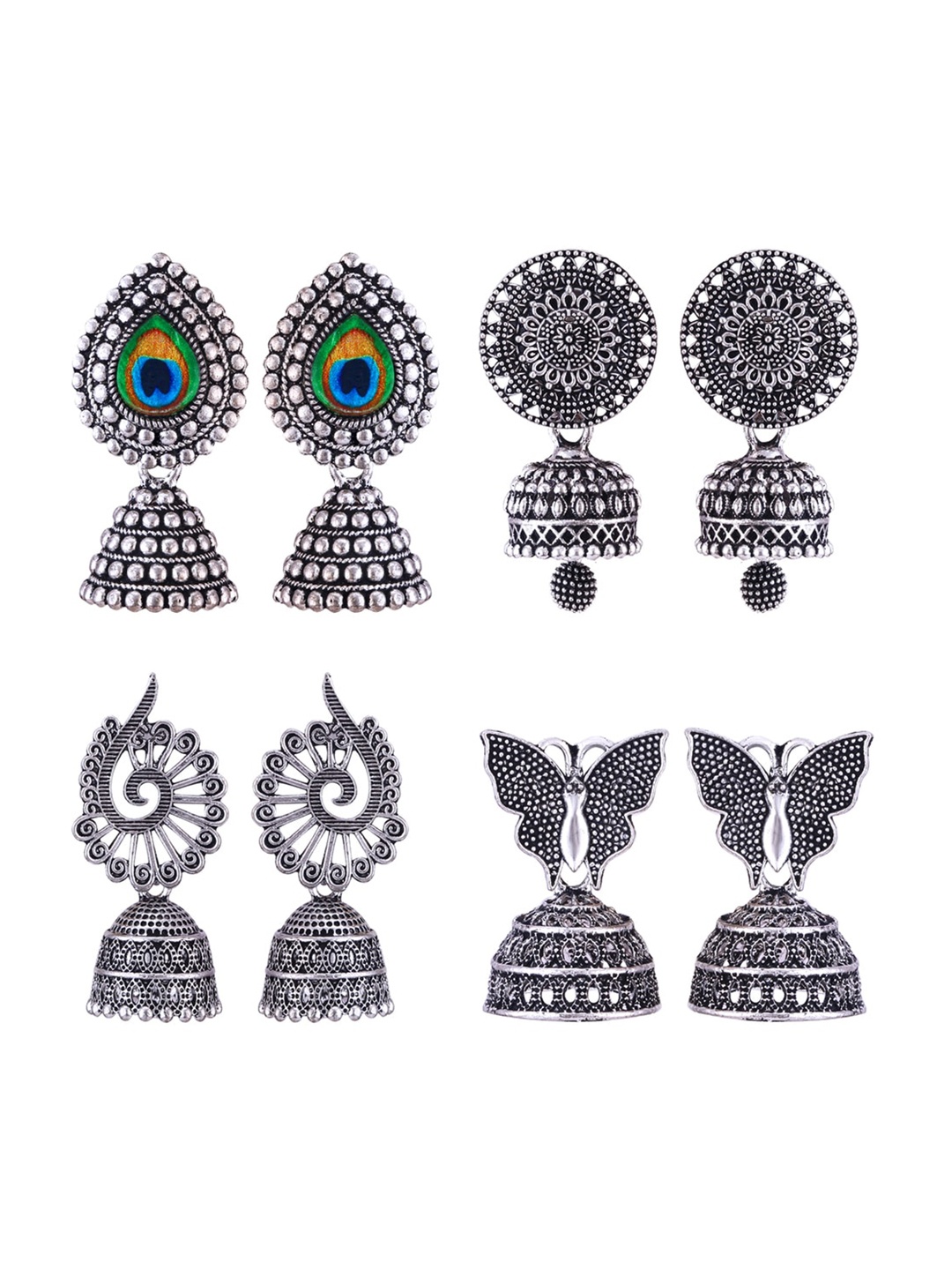 

MEENAZ Set Of 4 Silver-Plated Dome Shaped Oxidised Jhumkas