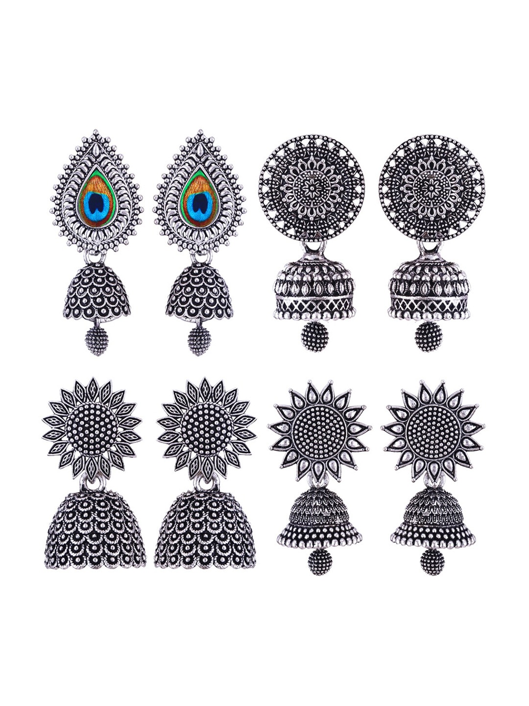 

MEENAZ Set Of 4 Silver-Plated Dome Shaped Oxidised Jhumkas