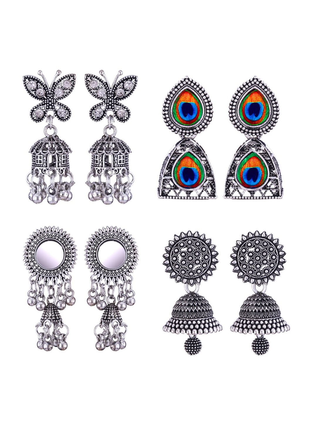 

MEENAZ Set Of 4 Stainless Steel Silver-Plated Peacock Shaped Jhumkas Earrings