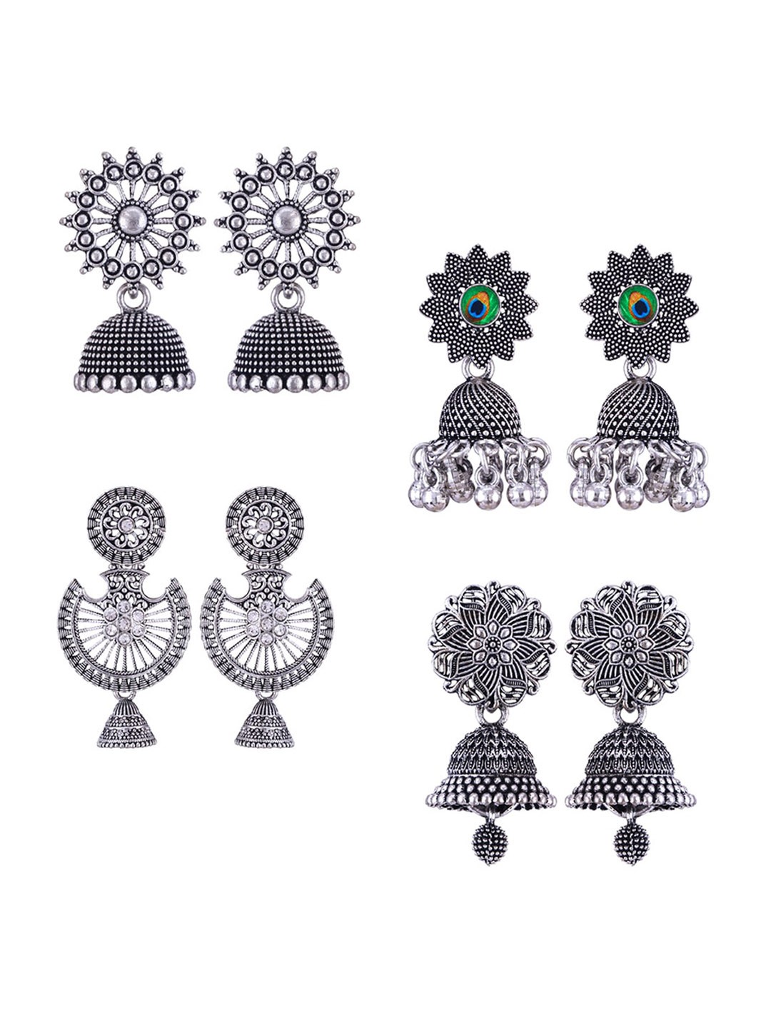 

MEENAZ Set Of 4 Silver-Plated Dome Shaped Oxidised Jhumkas