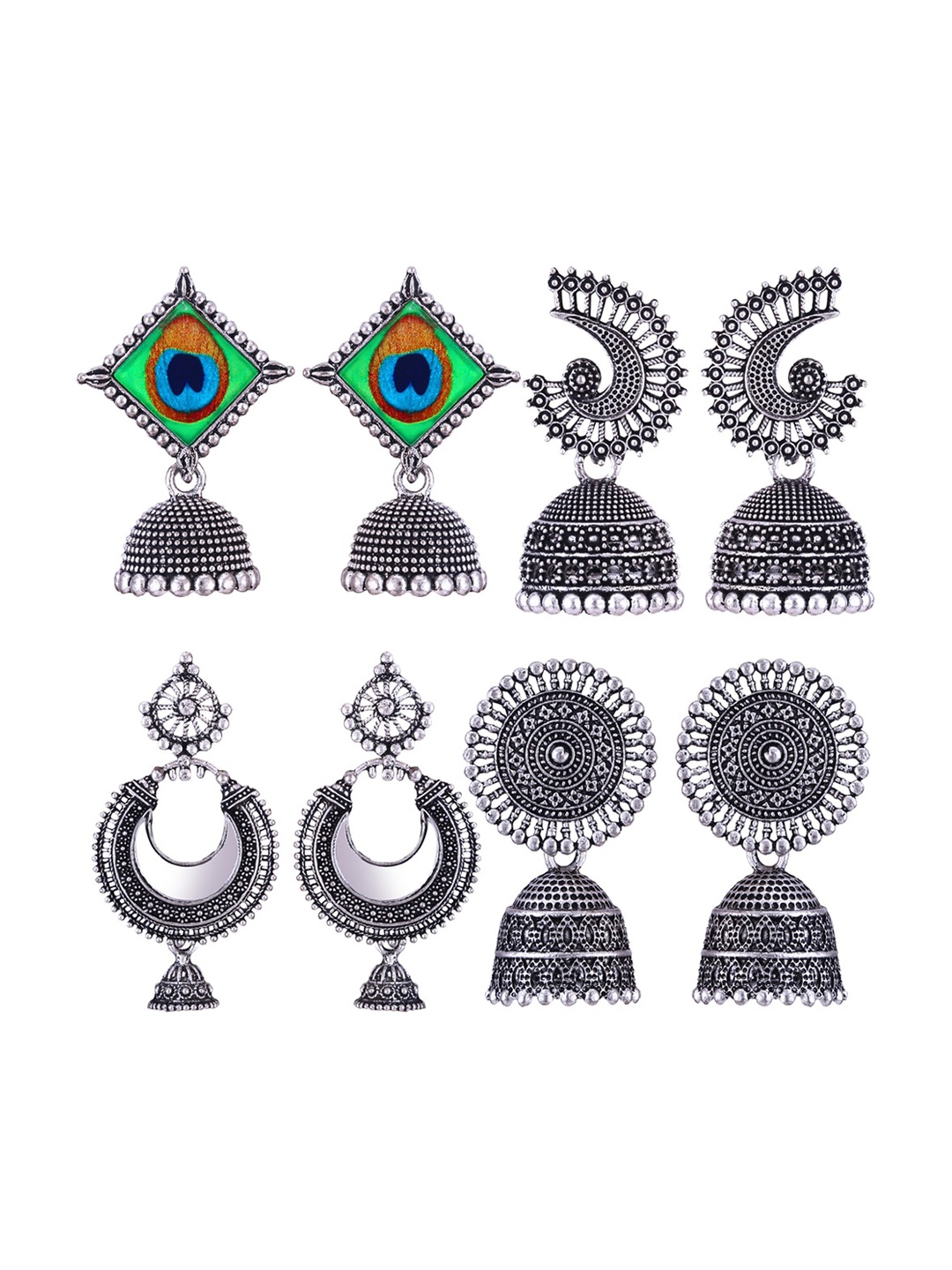 

MEENAZ Set Of 4 Silver Plated Jhumkas