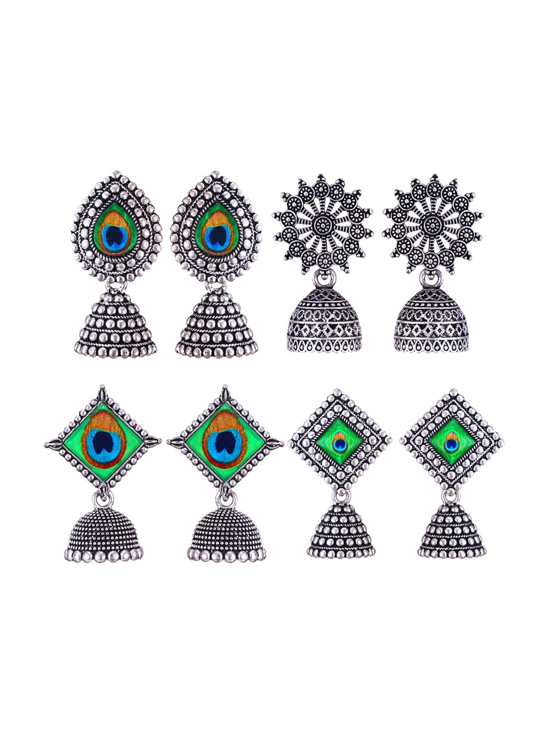 

MEENAZ Set Of 4 Silver-Plated Dome Shaped Oxidised Jhumkas