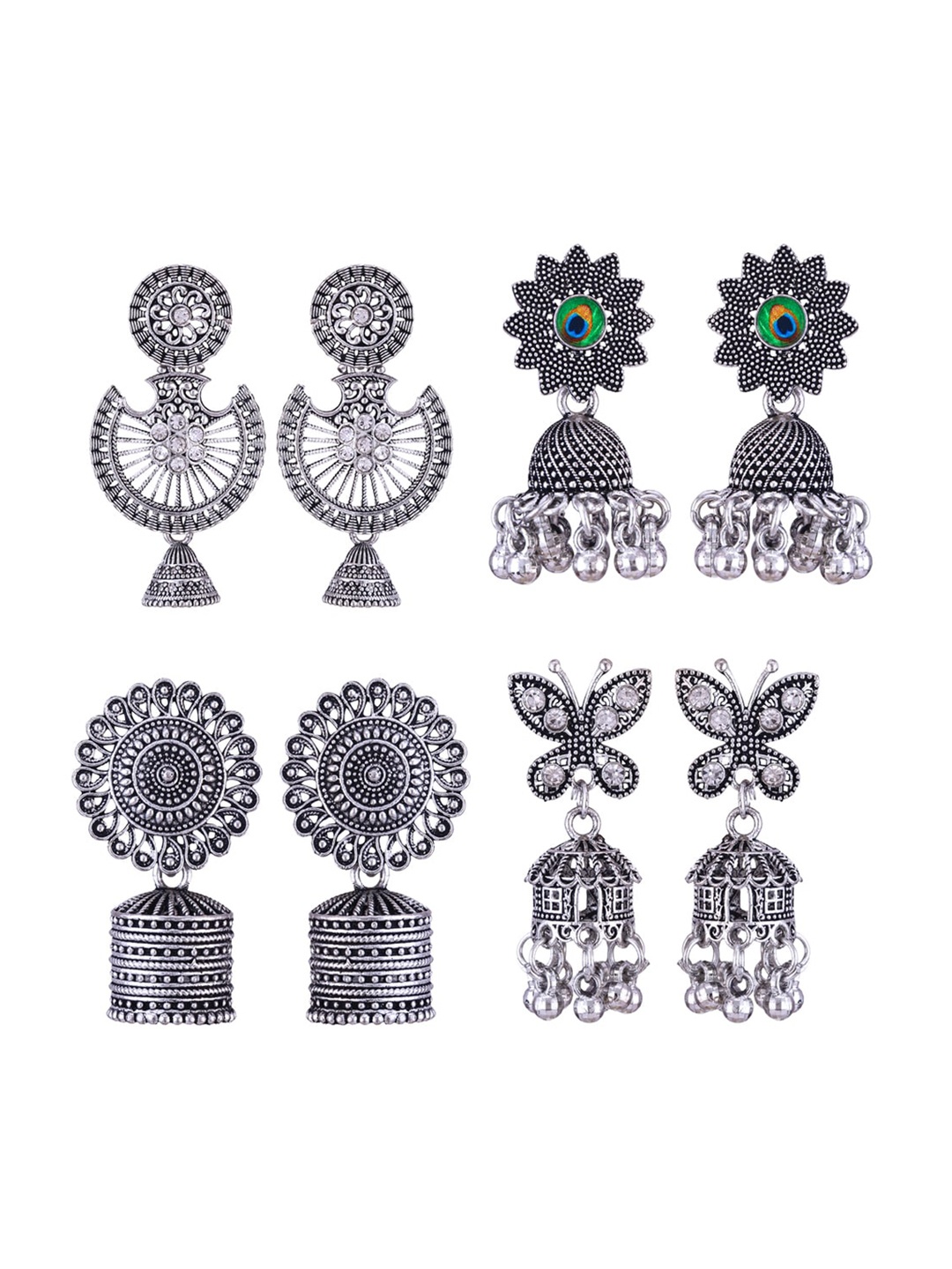 

MEENAZ Set Of 4 Silver Plated Jhumkas