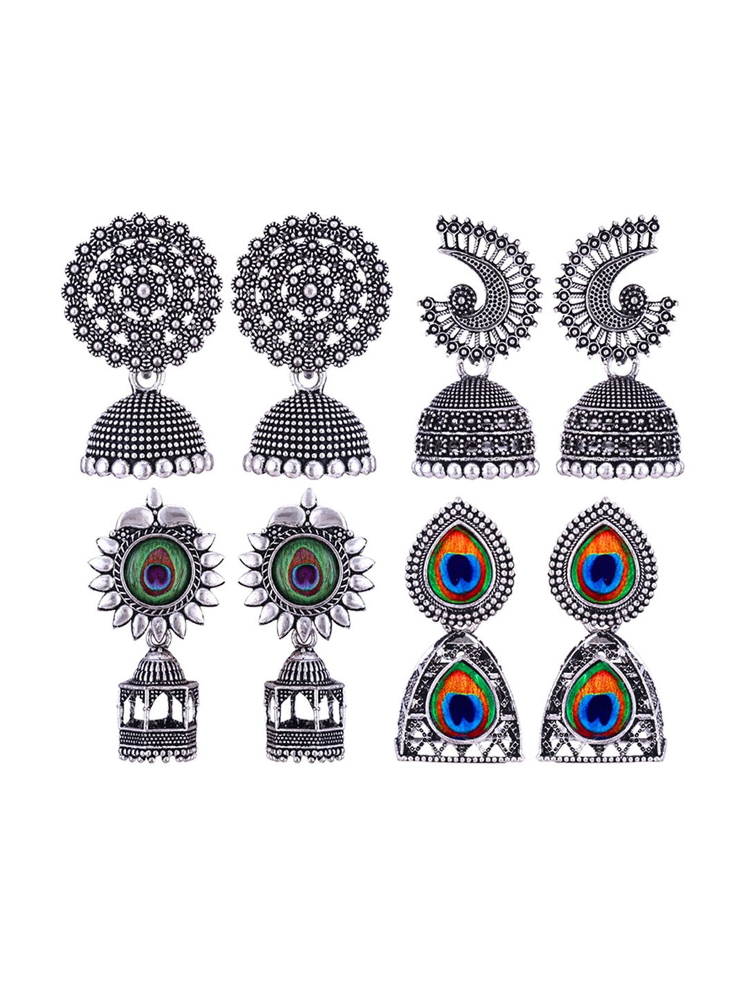 

MEENAZ Set Of 4 Silver Plated Oxidised Dome Shaped Jhumkas