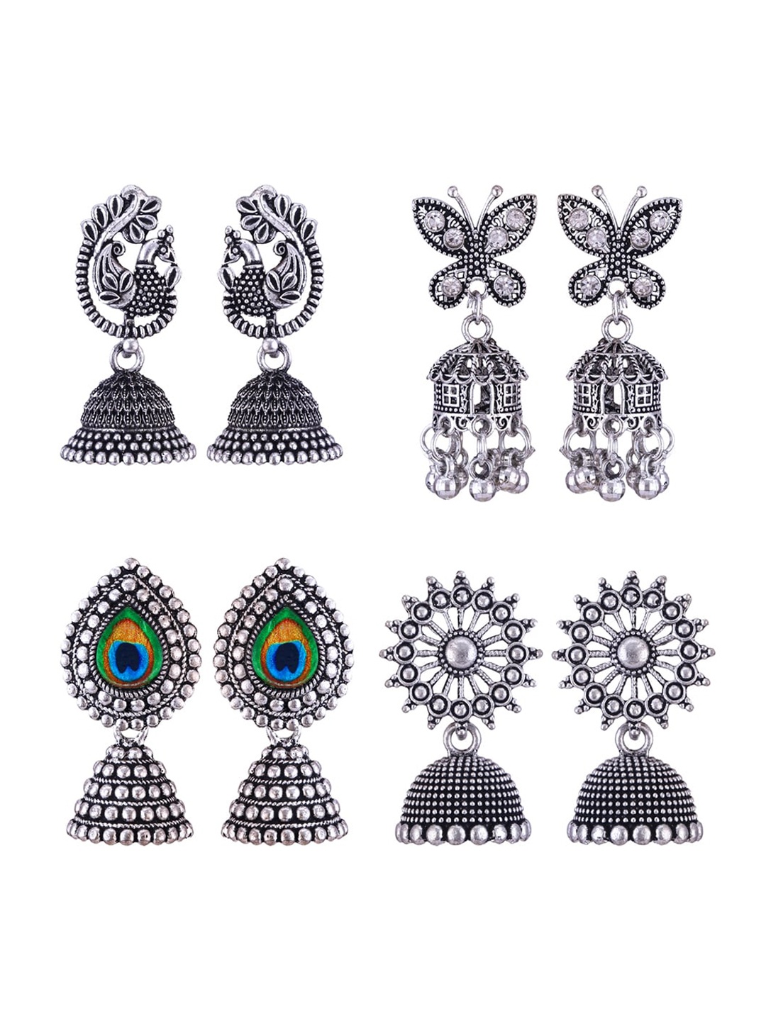 

MEENAZ Set Of 4 Silver Plated Jhumkas