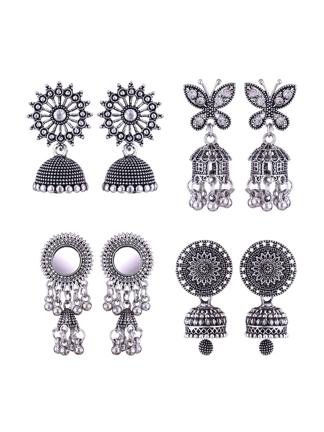 

MEENAZ Set Of 4 Silver-Plated Stainless Steel Stones Studded & Beads Beaded Jhumkas